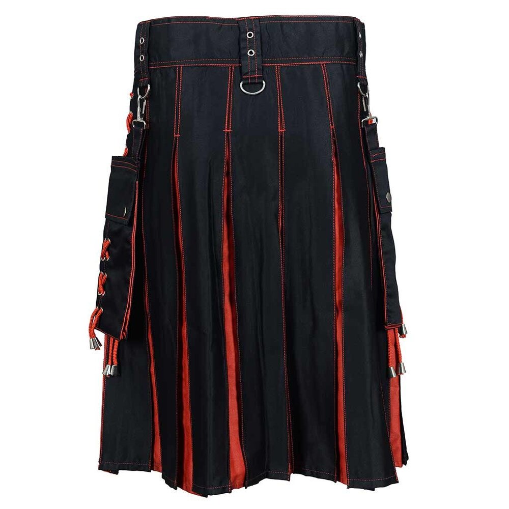 Men Hybrid Utility Kilt With Red Pleats Fashion Lacing Kilt Black NEW